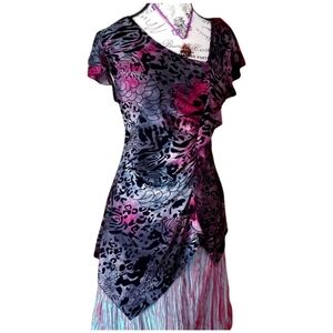 Tye dye effect velvet tunic top with ruffle